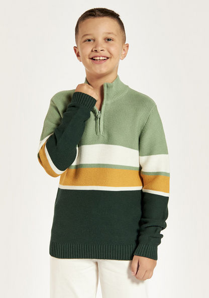 Juniors Striped Long Sleeves Sweater with High Neck and Half Zip Closure