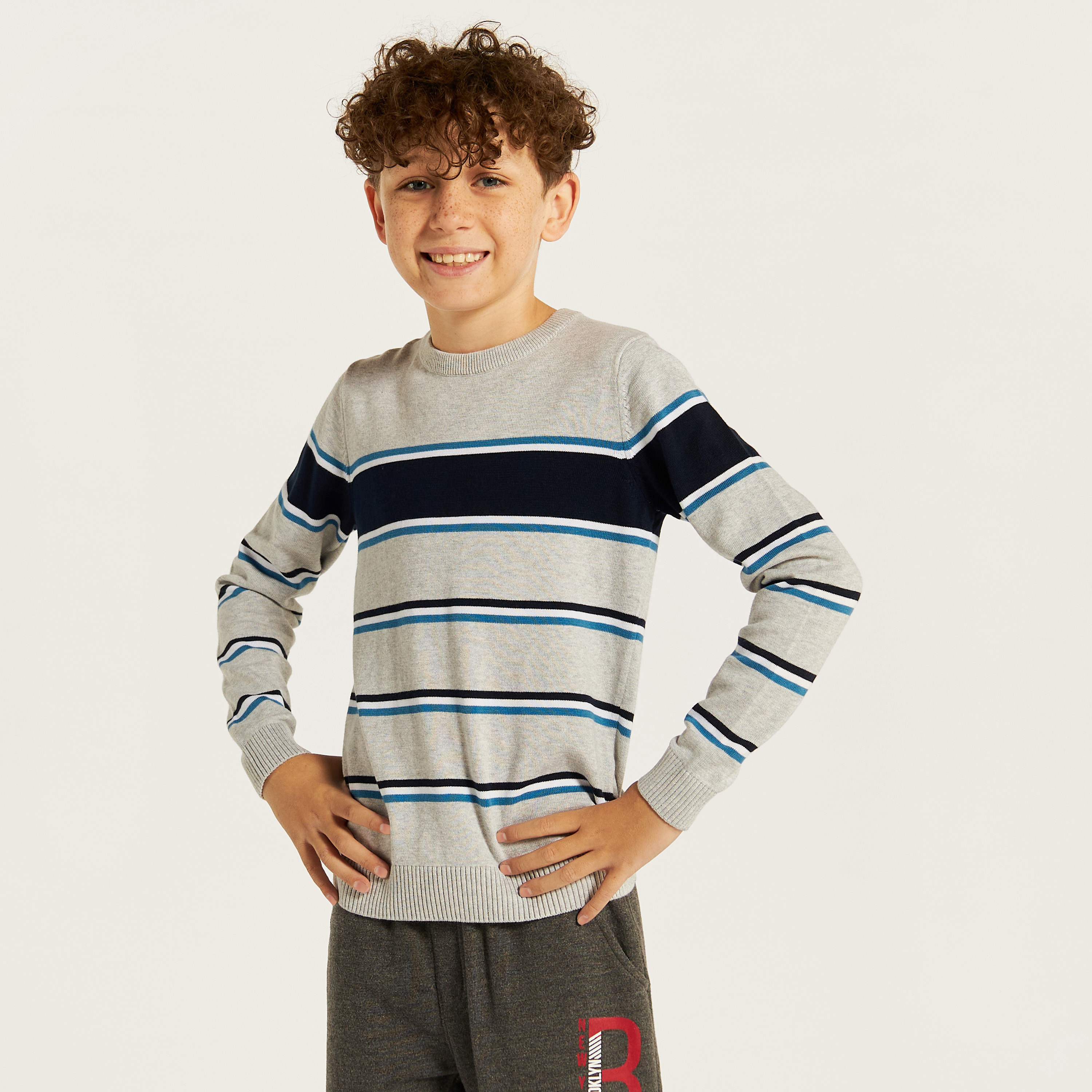 Juniors Striped Sweater with Round Neck and Long Sleeves-boys-clothing-jumpersandcardigans-image-2