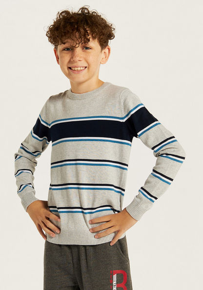 Juniors Striped Sweater with Round Neck and Long Sleeves