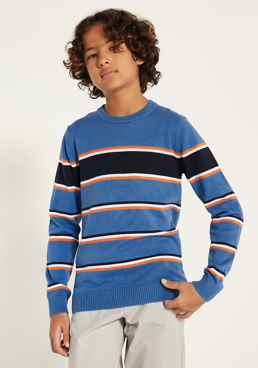 Juniors Striped Pullover with Crew Neck and Long Sleeves-Sweaters and Cardigans-image-1