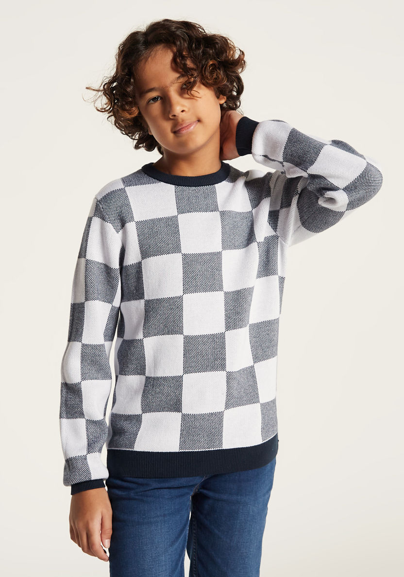Juniors Checked Long Sleeves Sweater with Crew Neck-Sweaters and Cardigans-image-1