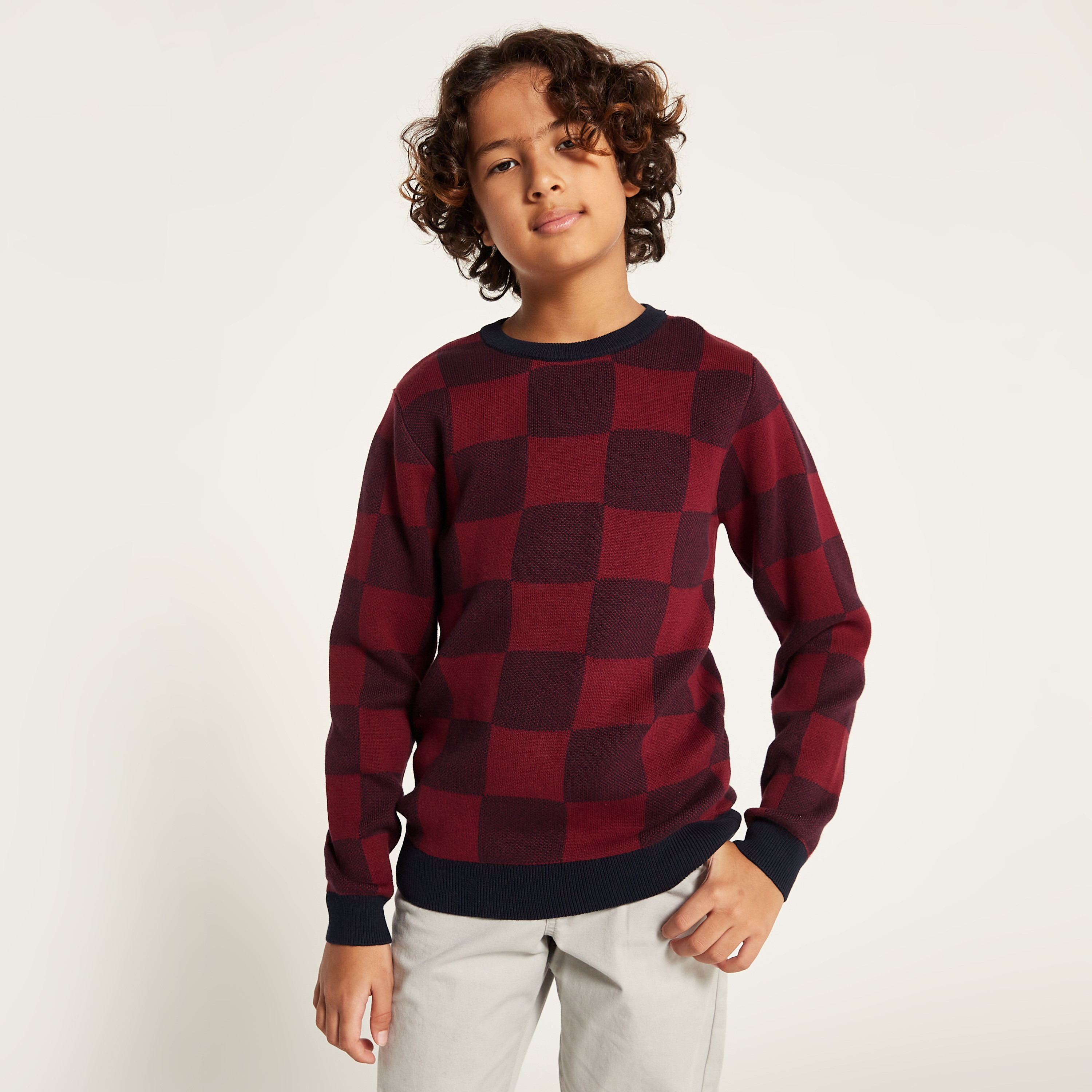 Juniors Checked Pullover with Crew Neck and Long Sleeves-boys-clothing-jumpersandcardigans-image-2