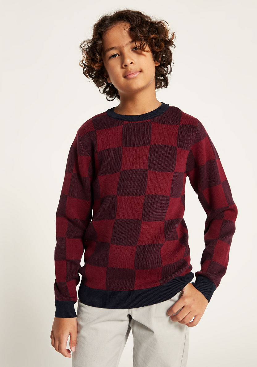 Juniors Checked Pullover with Crew Neck and Long Sleeves-Sweaters and Cardigans-image-1