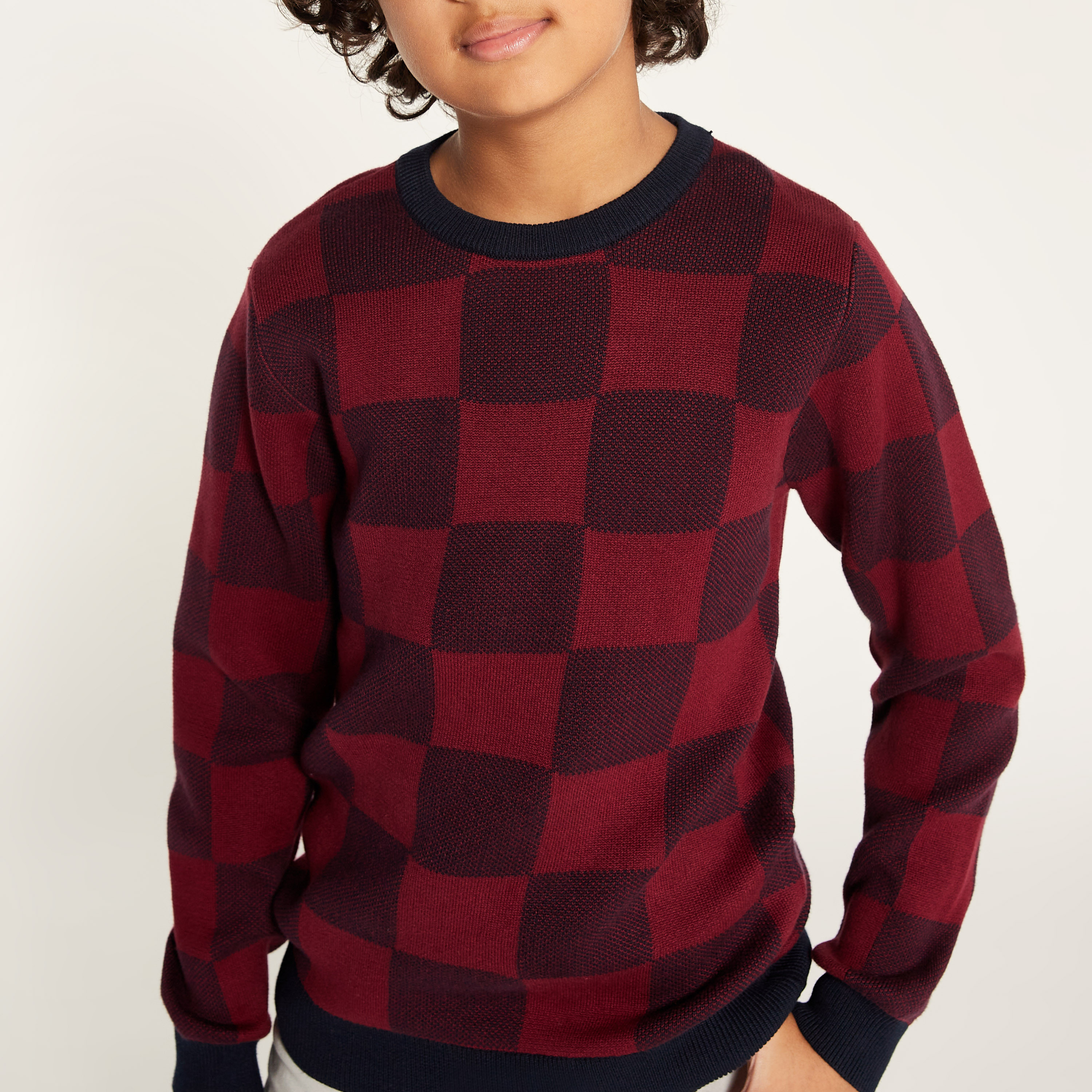 Juniors Checked Pullover with Crew Neck and Long Sleeves-boys-clothing-jumpersandcardigans-image-3