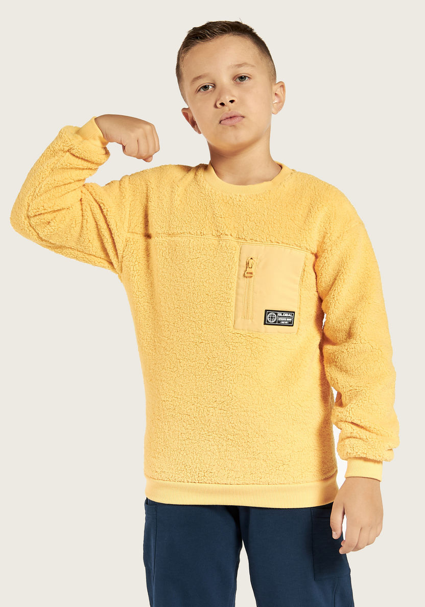 Juniors Textured Sweatshirt with Long Sleeves and Pocket Detail-Sweaters and Cardigans-image-1