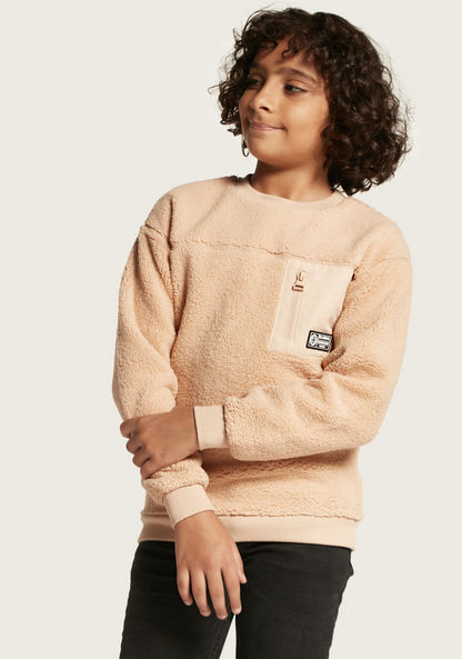 Juniors Textured Sweatshirt with Zipper Pocket and Long Sleeves