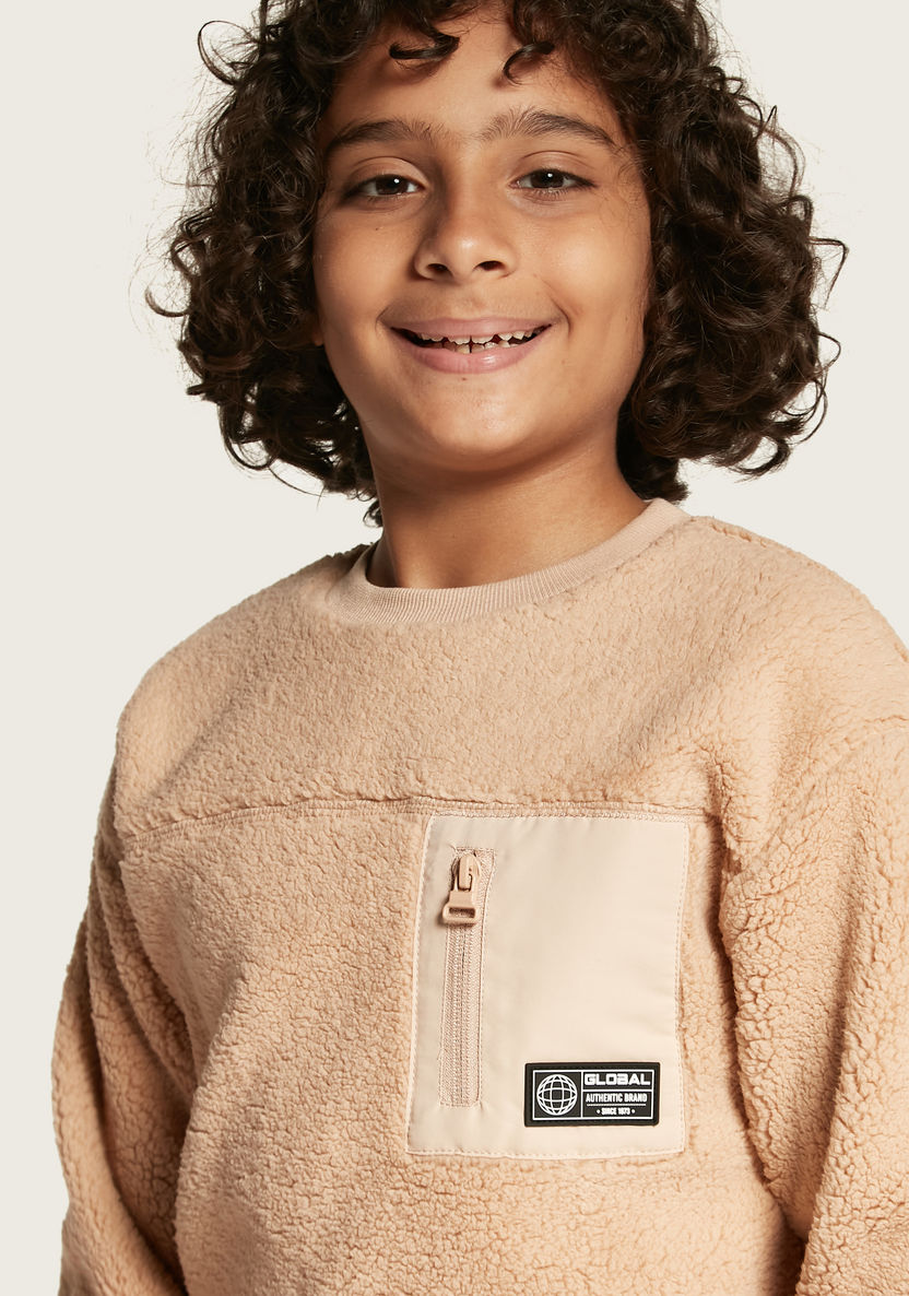Juniors Textured Sweatshirt with Zipper Pocket and Long Sleeves-Sweatshirts-image-2