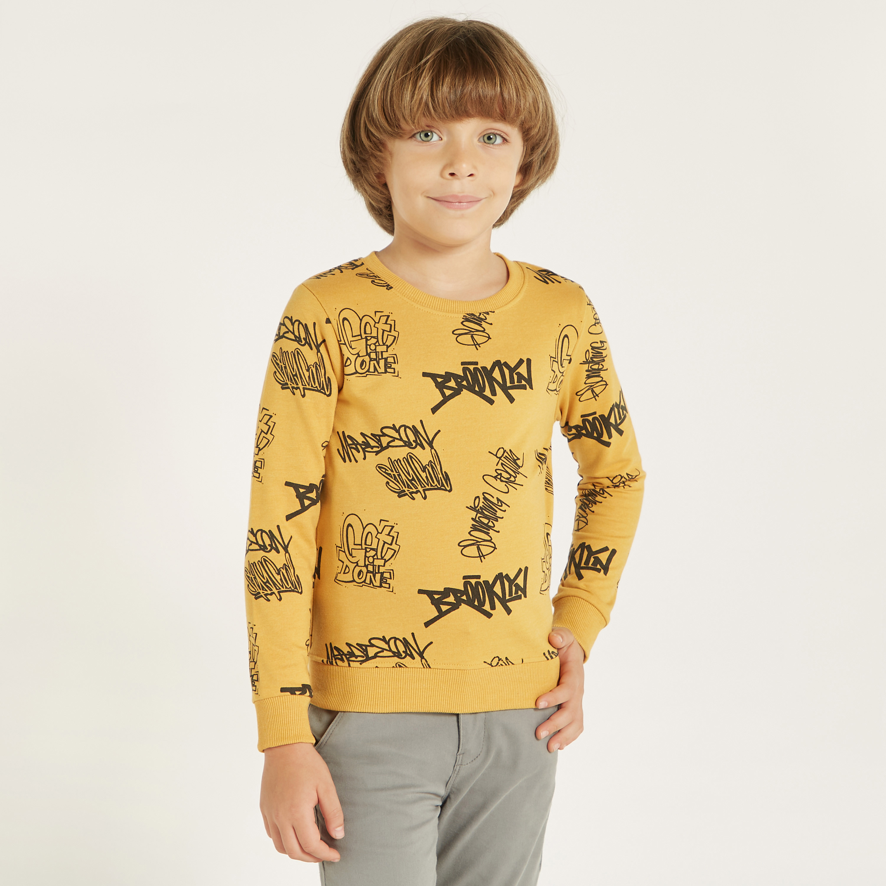 All-Over Typographic Print Sweatshirt with Long Sleeves-boys-clothing-sweatshirts-image-1