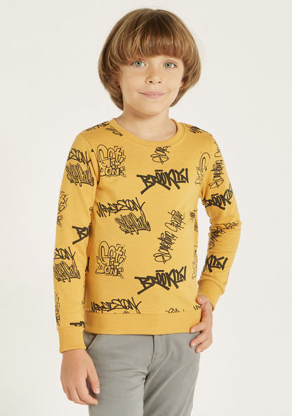 All-Over Typographic Print Sweatshirt with Long Sleeves-Sweatshirts-image-0