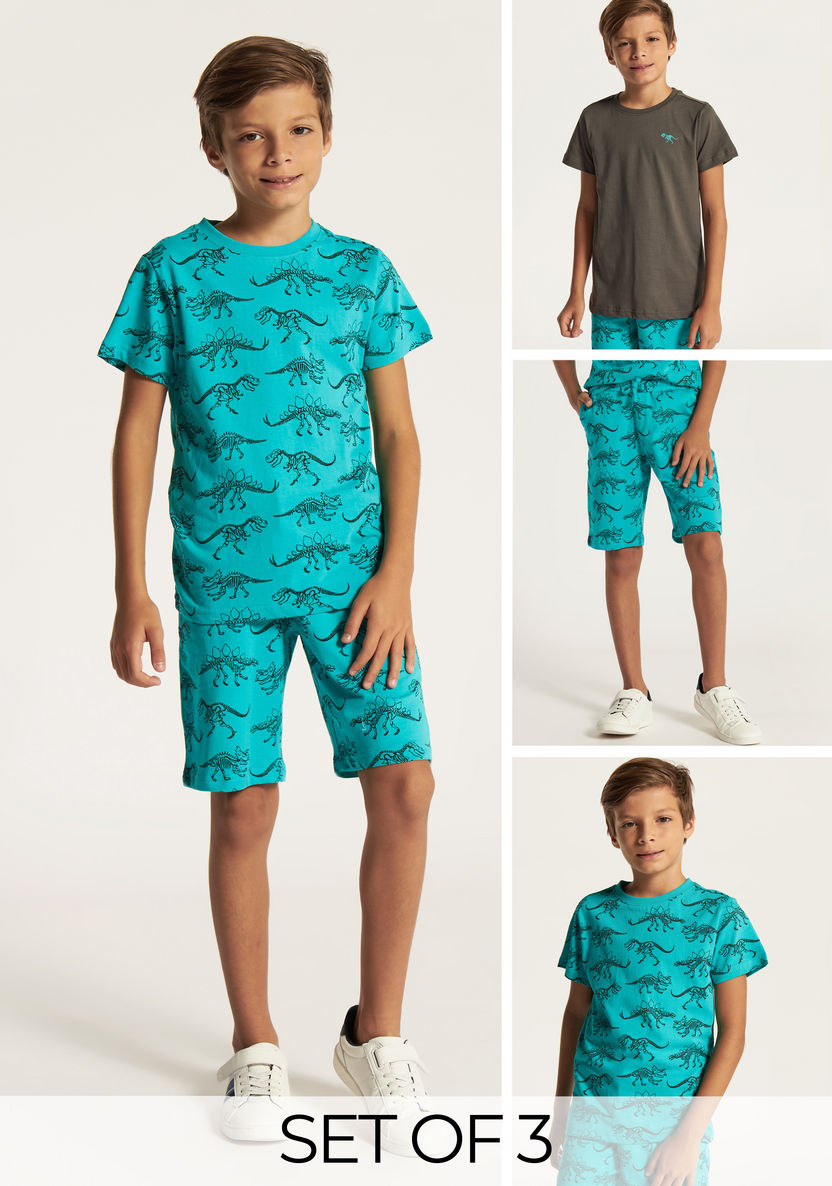 Juniors Dinosaur Print 3-Piece T-shirts and Shorts Set-Clothes Sets-image-0