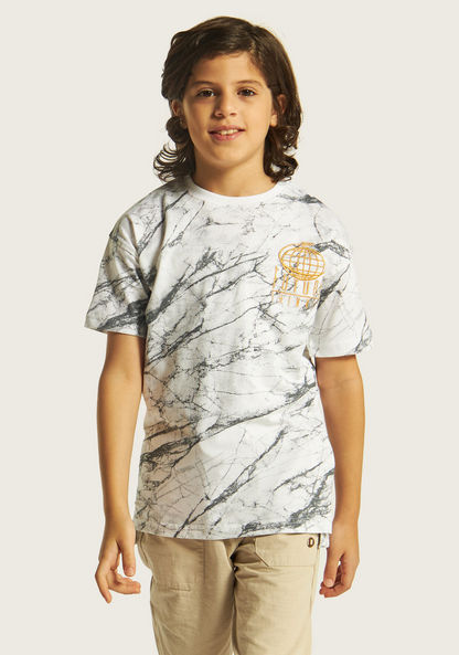Juniors Marble Print Crew Neck T-shirt with Short Sleeves
