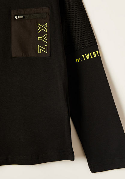 XYZ Printed Crew Neck T-shirt with Long Sleeves and Pocket