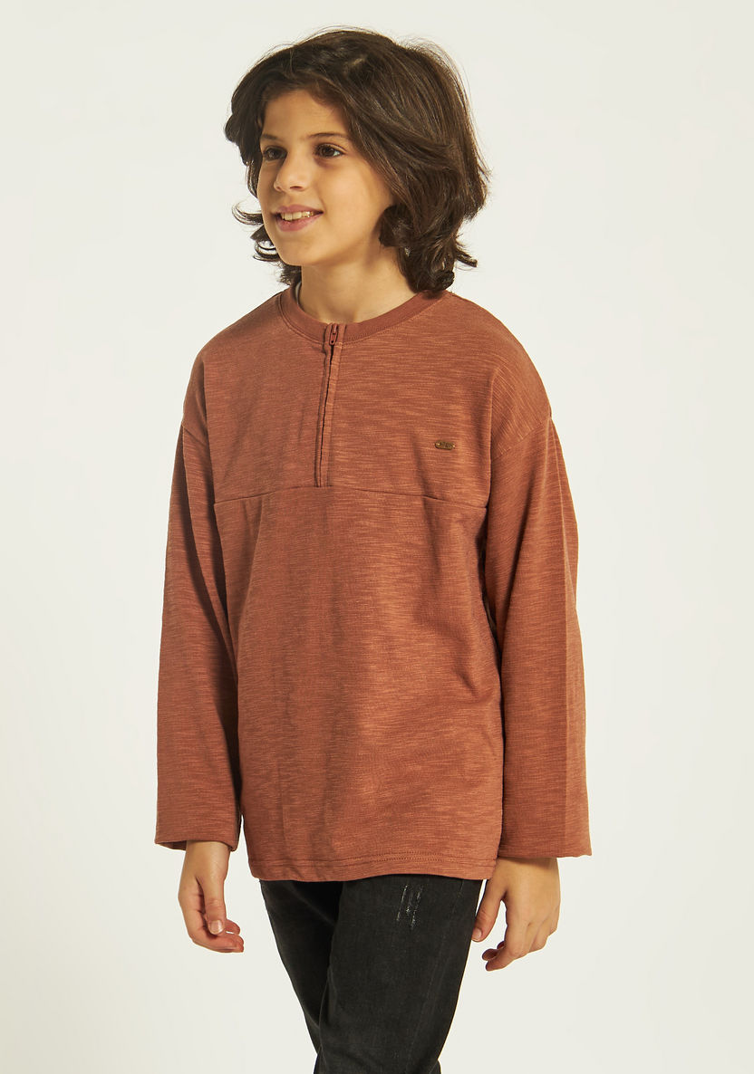 Eligo Textured T-shirt with Long Sleeves and Zip Closure-T Shirts-image-1