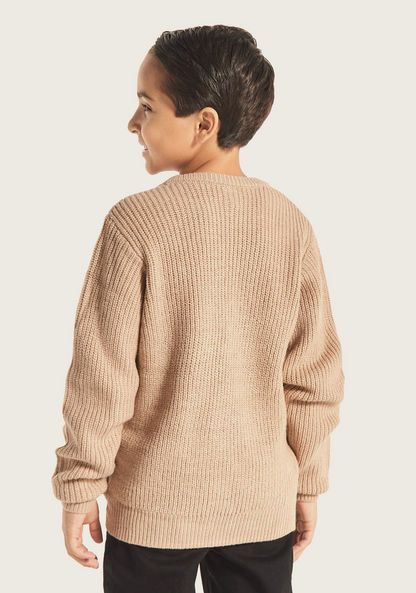 Eligo Textured Round Neck Pullover with Long Sleeves and Zip Pocket