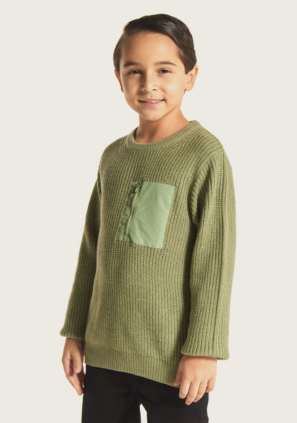 Eligo Textured Round Neck Pullover with Long Sleeves and Zip Pocket-Sweaters and Cardigans-image-1