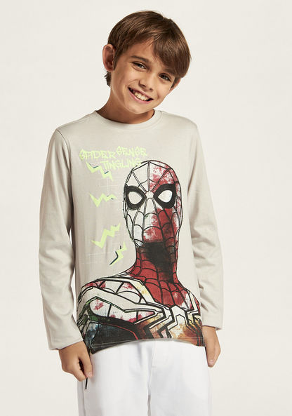 Spider-Man Print Crew Neck T-shirt with Long Sleeves