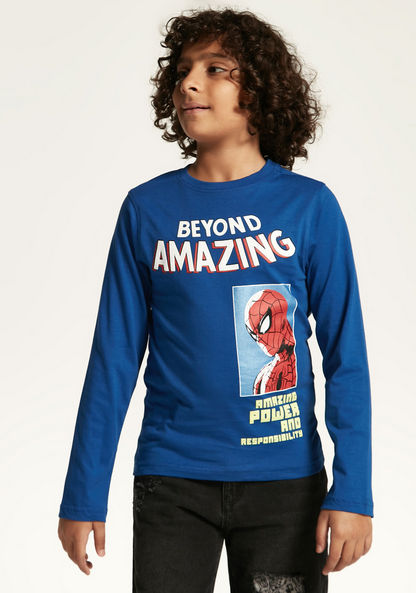 Spider-Man Print T-shirt with Long Sleeves and Crew Neck
