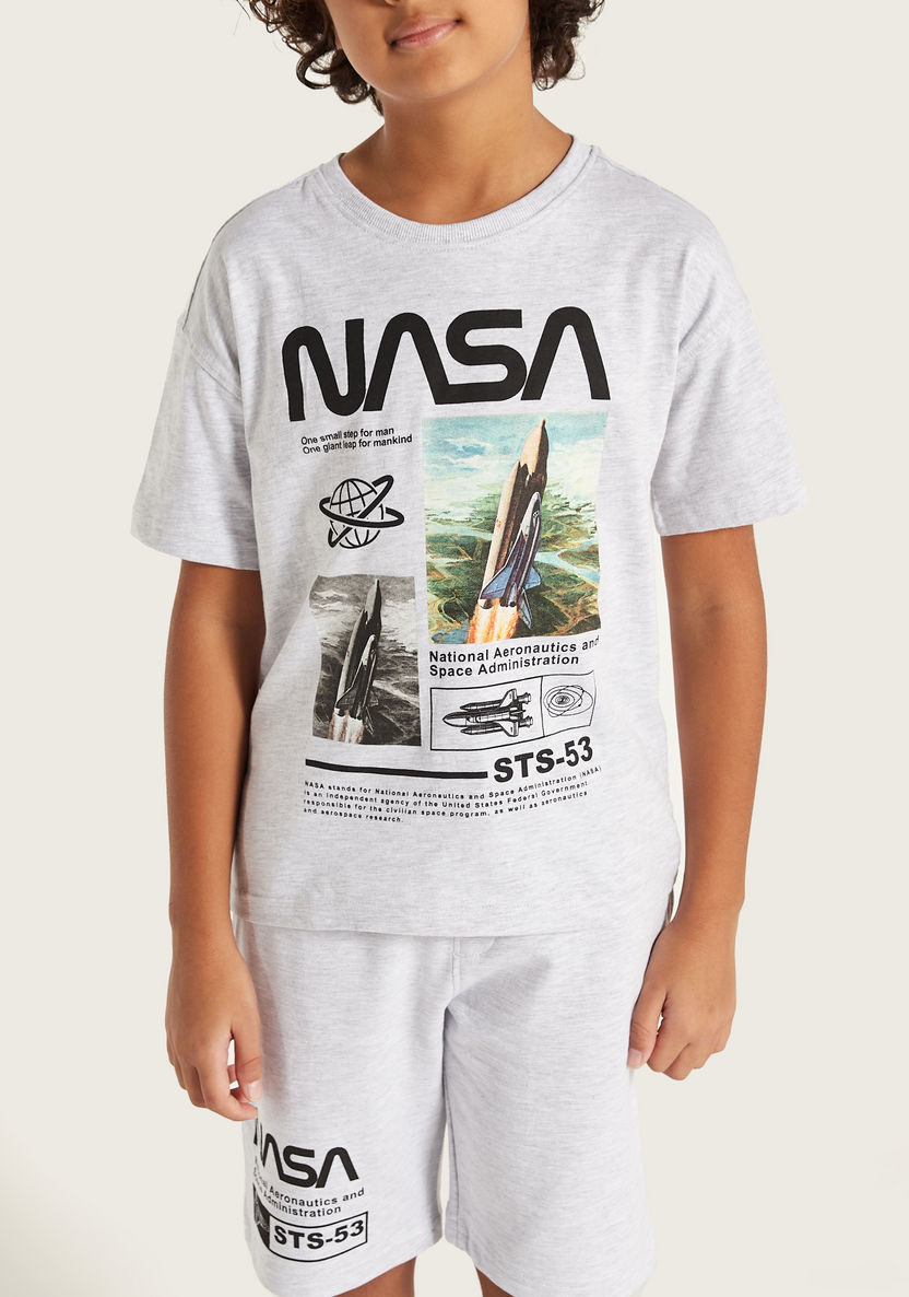 NASA Printed Round Neck T-shirt and Shorts Set-Clothes Sets-image-3