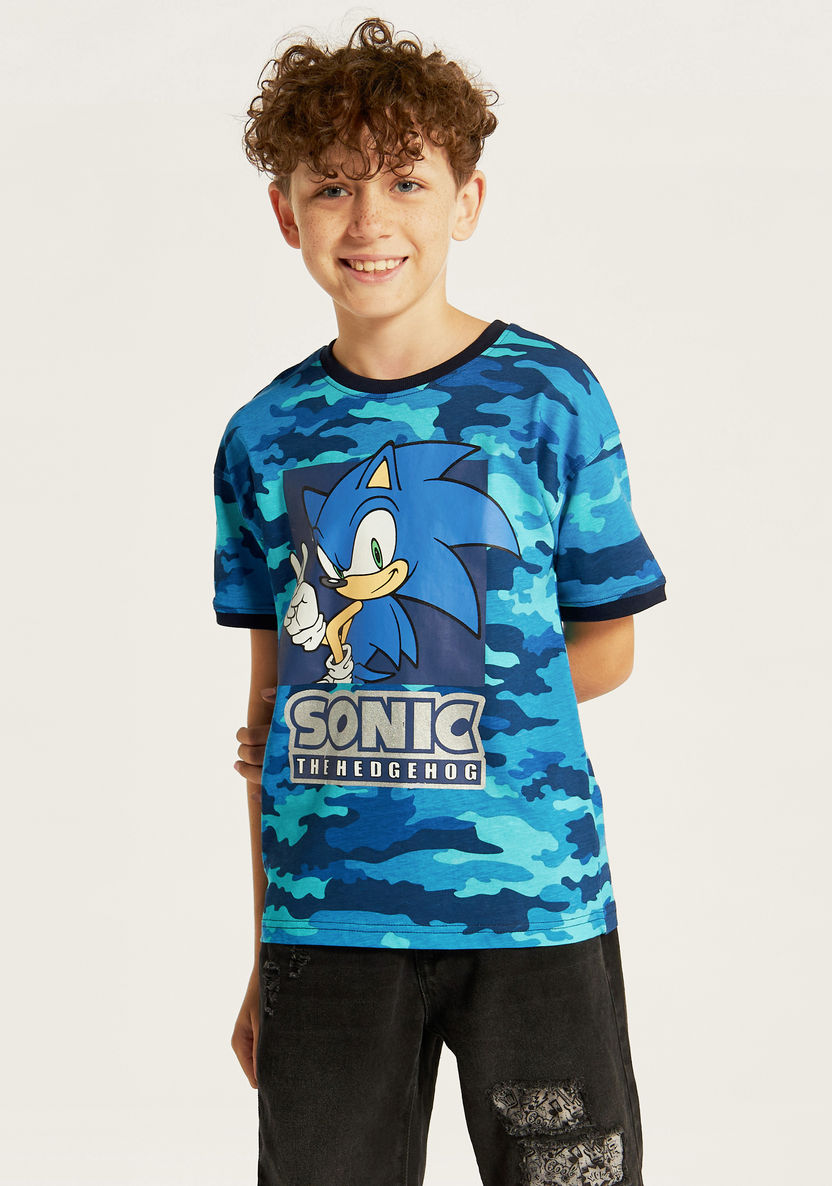 SEGA Sonic the Hedgehog Print Crew Neck T-shirt with Short Sleeves-T Shirts-image-1