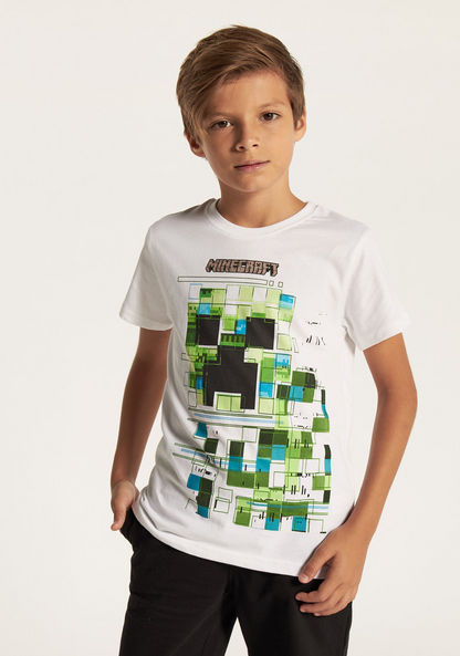 Minecraft Graphic Print T-shirt with Crew Neck and Short Sleeves