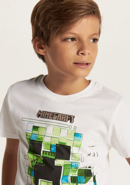 Minecraft Graphic Print T-shirt with Crew Neck and Short Sleeves