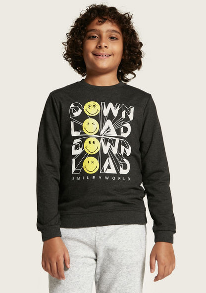 Smiley World Graphic Print Sweatshirt with Long Sleeves and Crew Neck