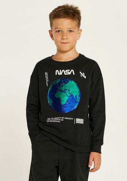 NASA Sequin Embellished Crew Neck Sweatshirt with Long Sleeves