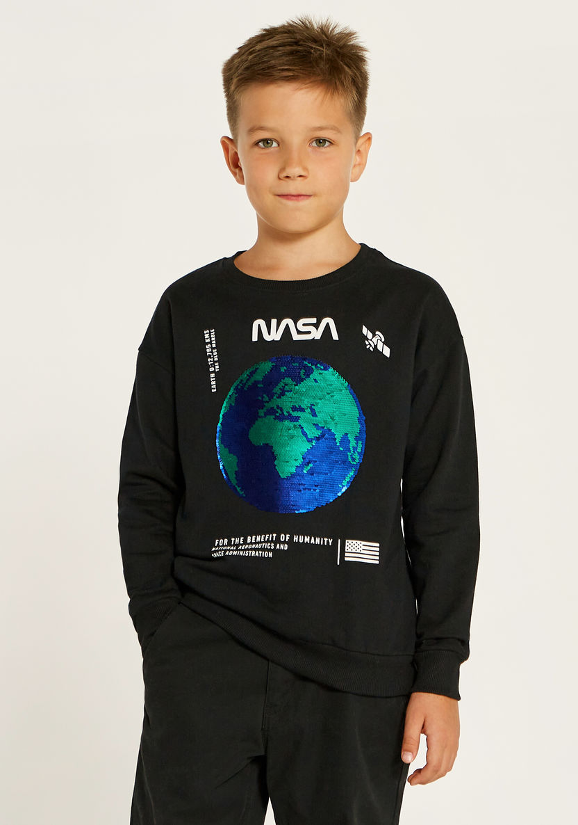 NASA Sequin Embellished Crew Neck Sweatshirt with Long Sleeves-Sweatshirts-image-1