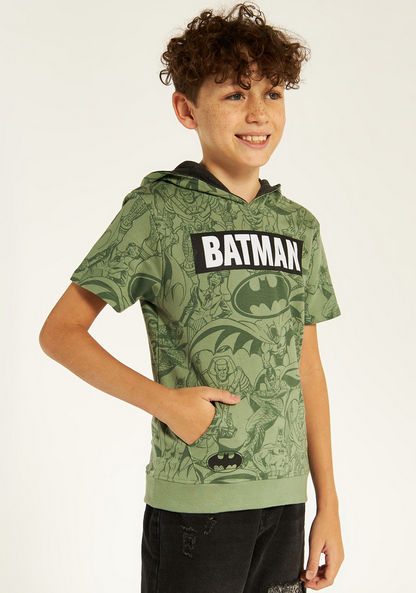 Batman Print T-shirt with Hood and Kangaroo Pocket