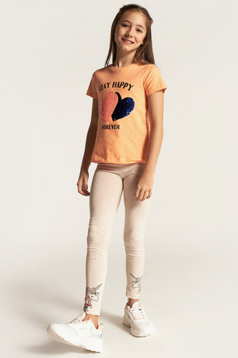 Juniors Embellished T-shirt with Crew Neck and Short Sleeves
