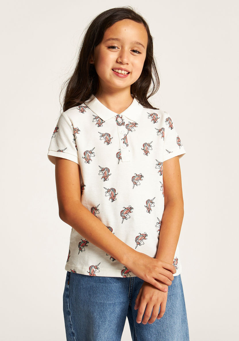 Juniors Unicorn Print Polo T-shirt with Short Sleeves and Button Closure-T Shirts-image-1