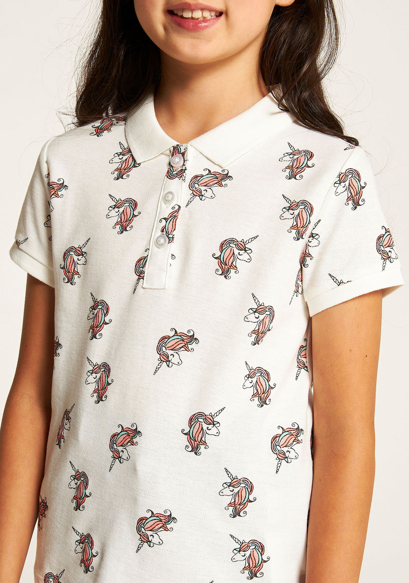 Juniors Unicorn Print Polo T-shirt with Short Sleeves and Button Closure-T Shirts-image-2
