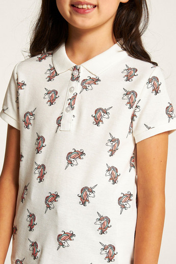 Juniors Unicorn Print Polo T-shirt with Short Sleeves and Button Closure