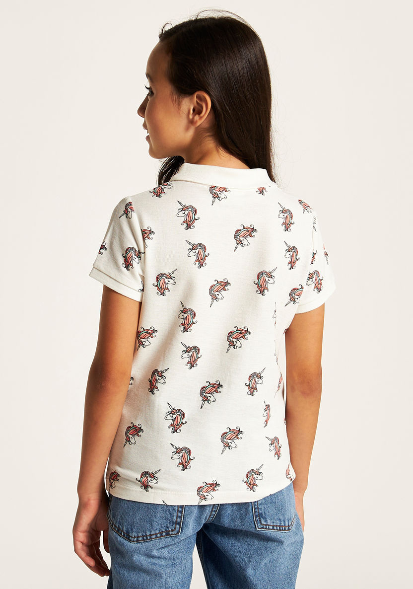Juniors Unicorn Print Polo T-shirt with Short Sleeves and Button Closure-T Shirts-image-3