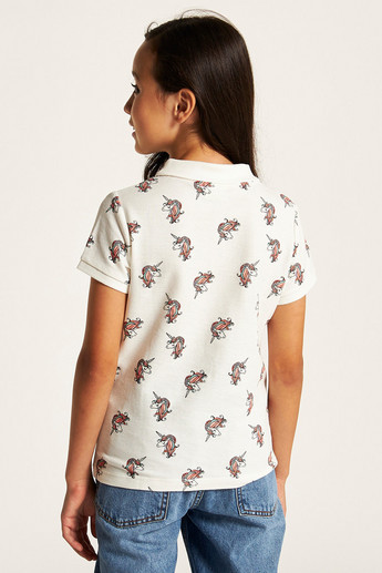 Juniors Unicorn Print Polo T-shirt with Short Sleeves and Button Closure