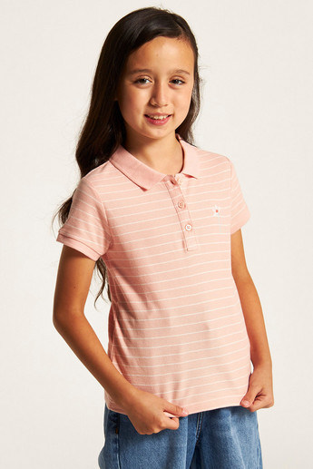 Juniors Striped Polo T-shirt with Short Sleeves and Button Closure