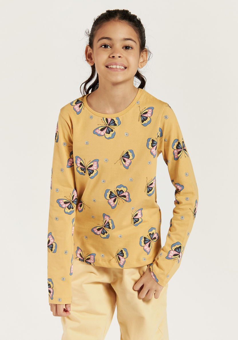 Juniors Butterfly Print T-shirt with Crew Neck and Long Sleeves-T Shirts-image-1