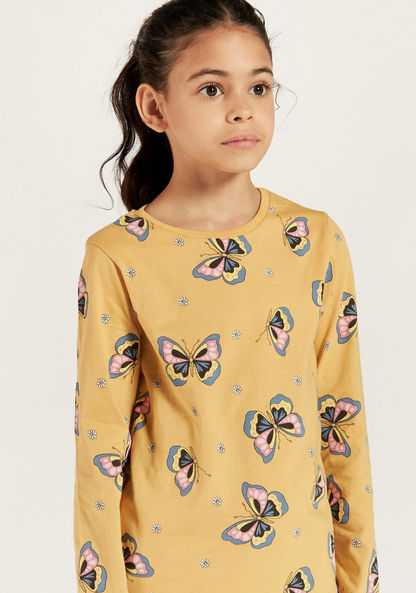 Juniors Butterfly Print T-shirt with Crew Neck and Long Sleeves