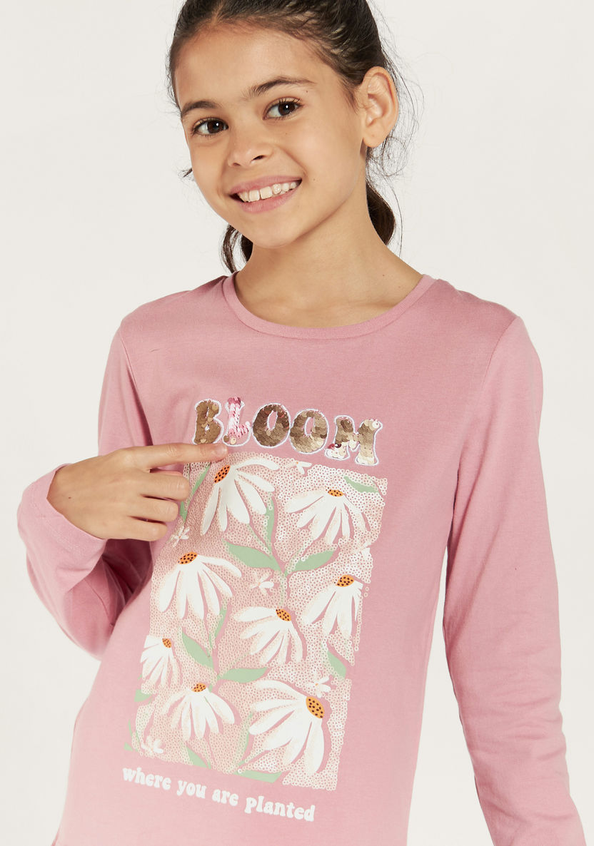 Juniors Embellished Round Neck T-shirt with Long Sleeves-T Shirts-image-2