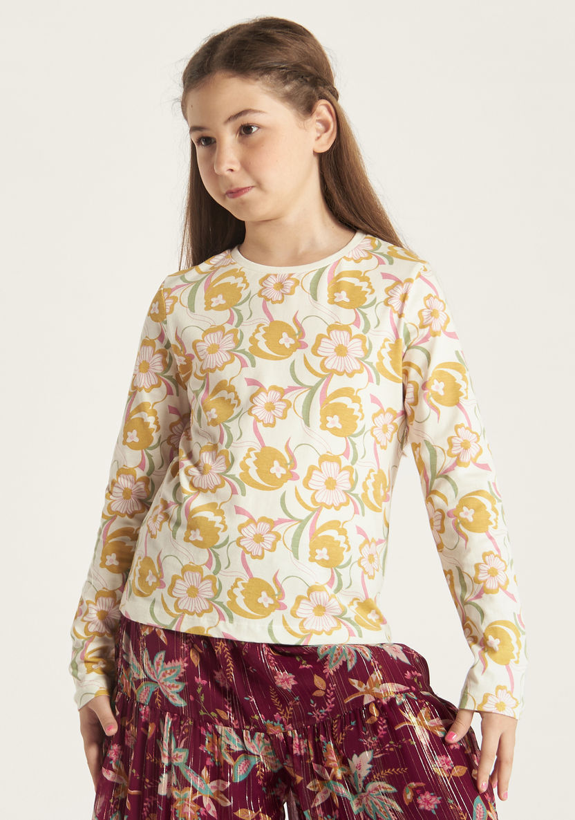 Juniors All Over Floral Print Crew Neck T-shirt with Long Sleeves-T Shirts-image-1