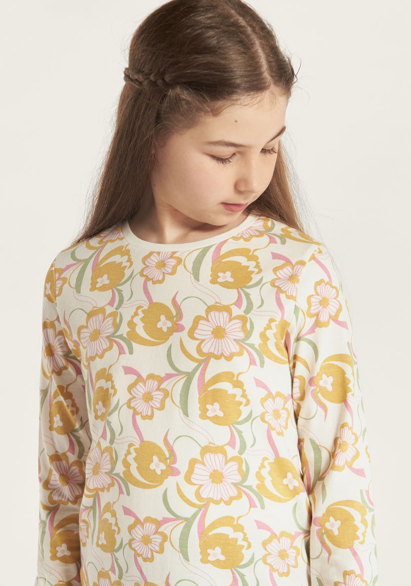 Juniors All Over Floral Print Crew Neck T-shirt with Long Sleeves-T Shirts-image-2