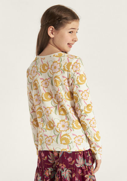 Juniors All Over Floral Print Crew Neck T-shirt with Long Sleeves