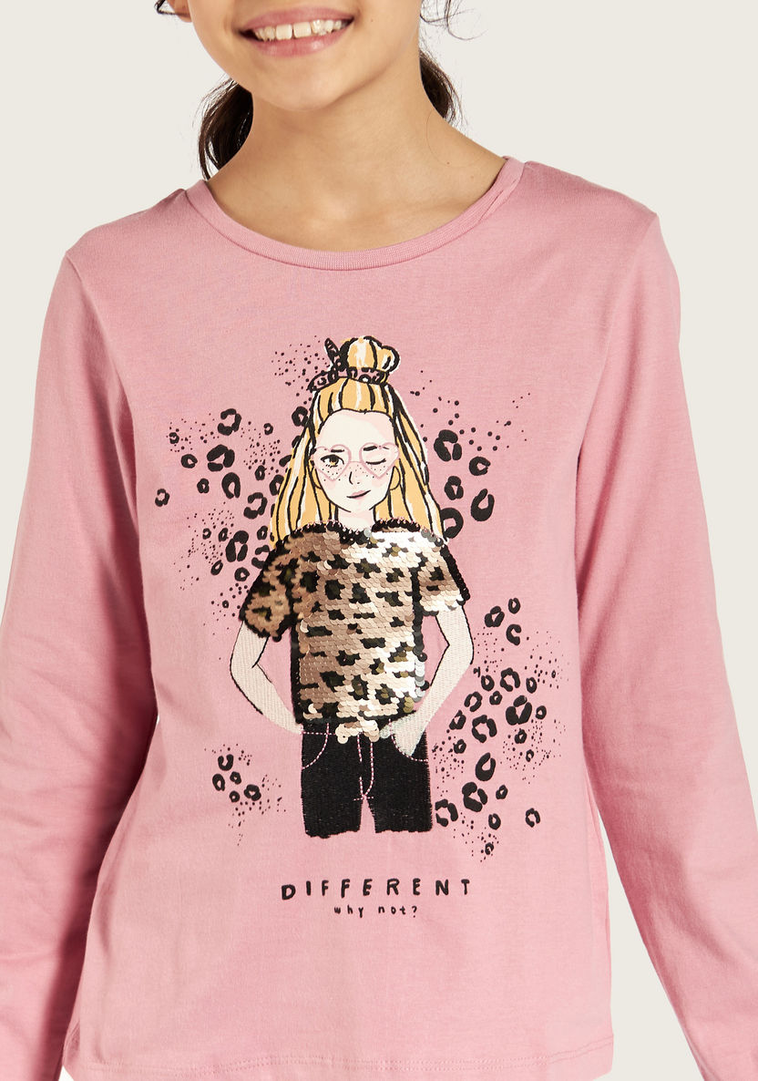 Juniors Printed T-shirt with Round Neck and Long Sleeves-T Shirts-image-2