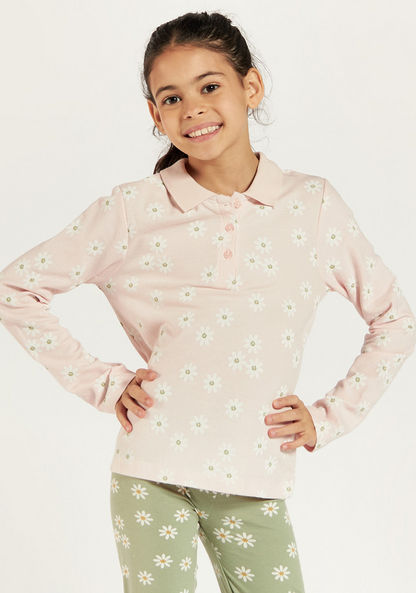 Juniors Floral Print Polo T-shirt with Long Sleeves and Button Closure