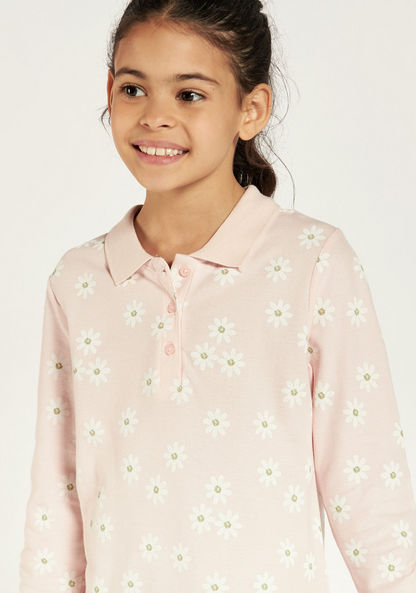 Juniors Floral Print Polo T-shirt with Long Sleeves and Button Closure-T Shirts-image-2