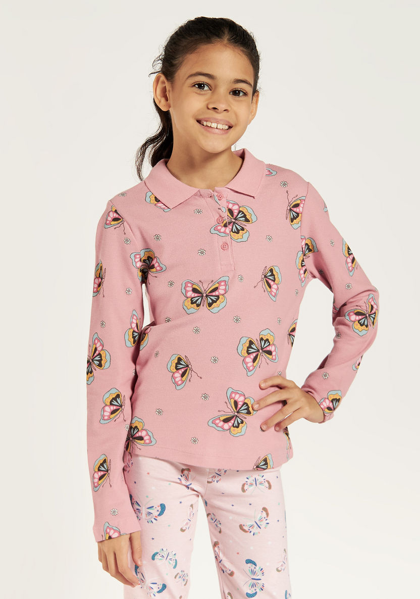 Juniors Butterfly Print Polo Neck T-shirt with Long Sleeves-T Shirts-image-1