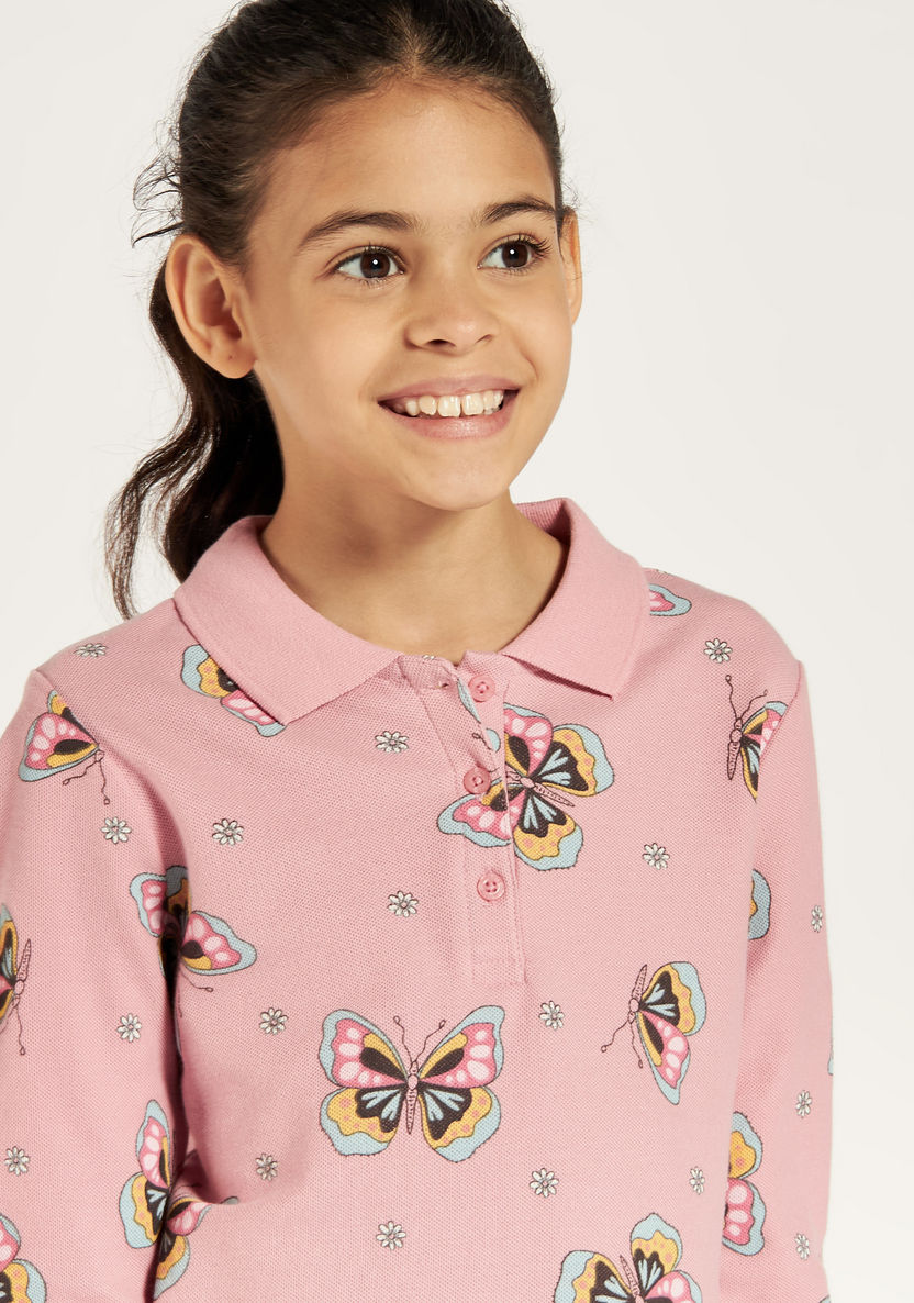 Juniors Butterfly Print Polo Neck T-shirt with Long Sleeves-T Shirts-image-2