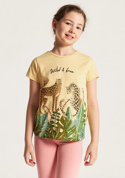 Juniors Leopard Print T-shirt with Crew Neck and Short Sleeves