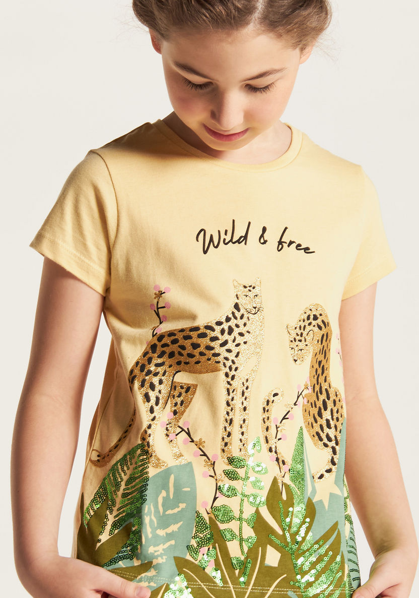 Juniors Leopard Print T-shirt with Crew Neck and Short Sleeves-T Shirts-image-2