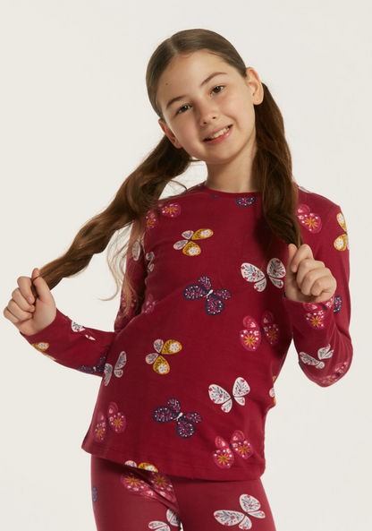 Juniors Butterfly Print T-shirt with Crew Neck and Long Sleeves-T Shirts-image-1